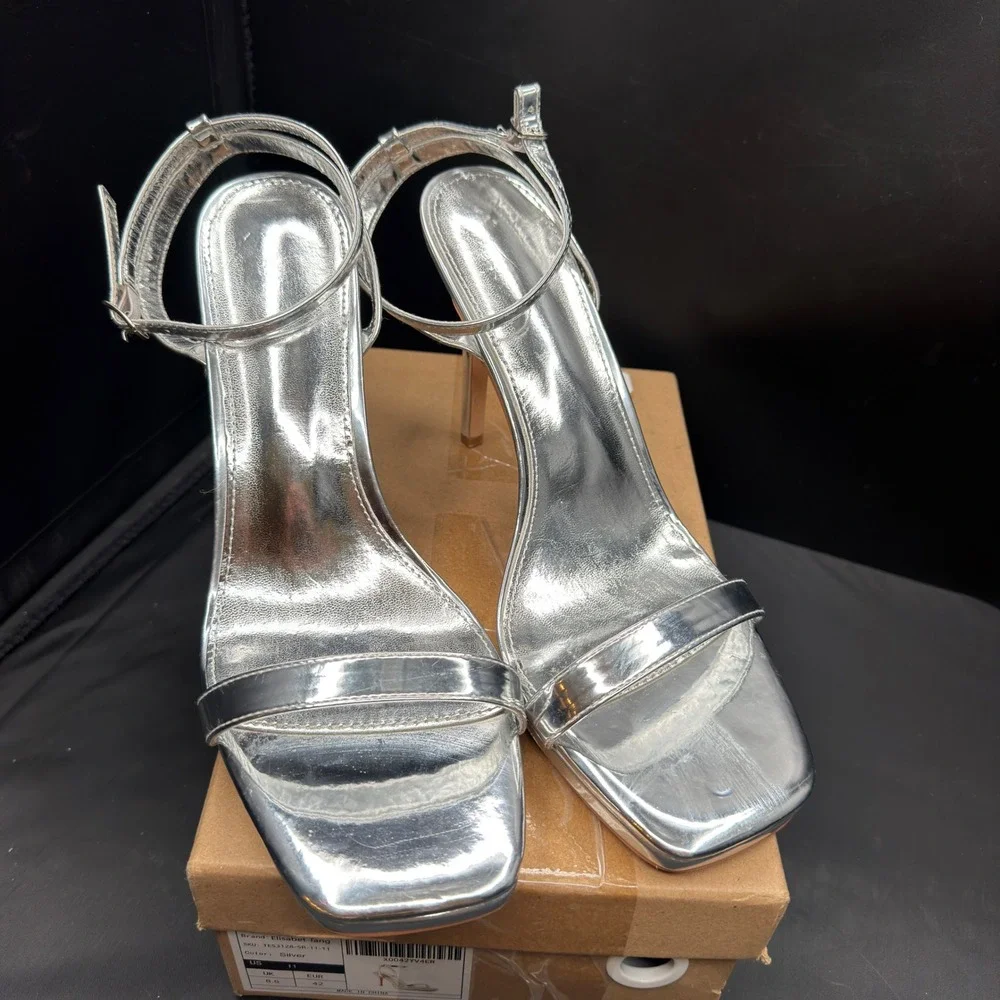 Elisabet Tang Womens Silver Metallic Square Toe Stiletto Ankle Strap Heels 11